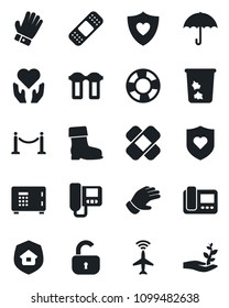 Set of vector isolated black icon - plane radar vector, fence, trash bin, safe, glove, boot, patch, heart shield, hand, umbrella, lock, estate insurance, intercome, water filter, crisis management