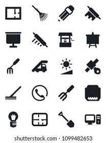 Set of vector isolated black icon - ladder car vector, presentation board, bulb, job, garden fork, rake, well, satellite, hdmi, brightness, pencil, plan, phone, rolling pin, pc