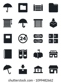 Set of vector isolated black icon - 24 around vector, umbrella, checkroom, book, store, container, package, folder, copybook, mailbox, open close, jalousie, garage gate control, storefront