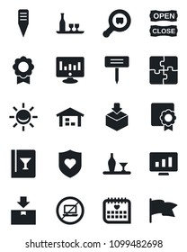 Set of vector isolated black icon - no laptop vector, statistic monitor, plant label, heart shield, medical calendar, package, search cargo, application, sertificate, warehouse, alcohol, wine card