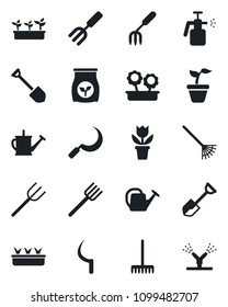 Set of vector isolated black icon - job vector, flower in pot, garden fork, shovel, farm, rake, seedling, watering can, sickle, sprayer, fertilizer, irrigation