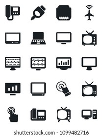 Set of vector isolated black icon - plane radar vector, notebook pc, statistic monitor, pulse, tv, touch screen, hdmi, statistics, intercome