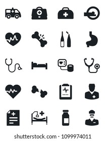 Set of vector isolated black icon - bed vector, heart pulse, doctor case, diagnosis, stethoscope, blood pressure, ampoule, tomography, ambulance car, hospital, stomach, broken bone, clipboard