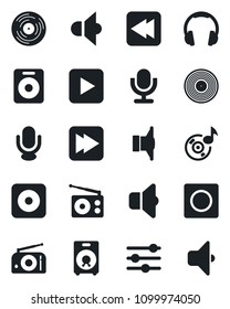 Set of vector isolated black icon - vinyl vector, radio, speaker, microphone, headphones, play button, fast forward, rewind, rec, tuning, record, music, sound