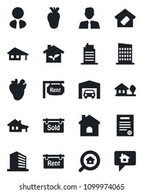 Set of vector isolated black icon - office building vector, house, real heart, contract, with garage, tree, rent, sold signboard, estate search, agent, smart home, city, eco, message