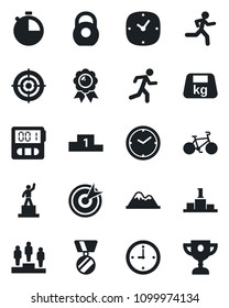 Set of vector isolated black icon - pedestal vector, medal, bike, run, heavy, clock, stopwatch, target, mountains, award cup