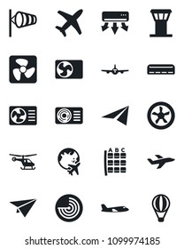Set of vector isolated black icon - airport tower vector, wind, radar, plane, helicopter, seat map, globe, air conditioner, fan, paper, balloon