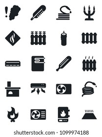 Set of vector isolated black icon - fire vector, hose, fireplace, thermometer, heater, air conditioner, candle, water, smoke detector, radiator, warm floor