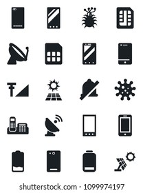 Set of vector isolated black icon - satellite antenna vector, mobile phone, virus, cell, low battery, back, sim, mute, cellular signal, office, sun panel