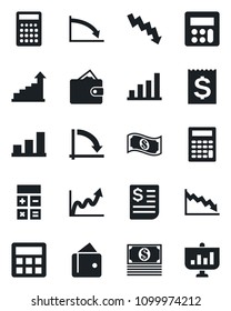 Set of vector isolated black icon - growth statistic vector, calculator, crisis graph, receipt, bar, wallet, cash, presentation