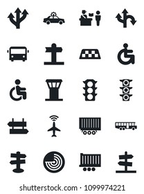 Set of vector isolated black icon - airport tower vector, plane radar, taxi, bus, passport control, signpost, alarm car, disabled, route, traffic light, truck trailer, guidepost