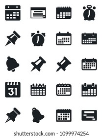 Set of vector isolated black icon - alarm clock vector, drawing pin, calendar, term, paper, bell, schedule