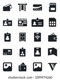 Set of vector isolated black icon - credit card vector, identity, medical calendar, gallery, sd, sim, archive box, wine, pass, wallet, pennon