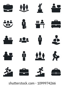 Set of vector isolated black icon - manager vector, pedestal, place, client, case, company, desk, career ladder, group