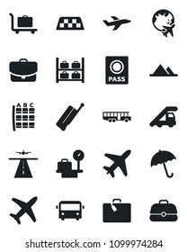 Set of vector isolated black icon - plane vector, runway, taxi, suitcase, baggage trolley, airport bus, umbrella, passport, ladder car, seat map, luggage storage, scales, globe, mountains, case