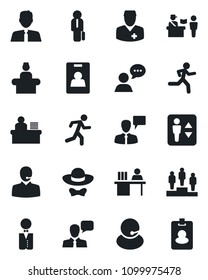 Set of vector isolated black icon - passport control vector, elevator, reception, speaking man, pedestal, run, doctor, support, speaker, identity card, manager desk, estate agent, waiter, dress code