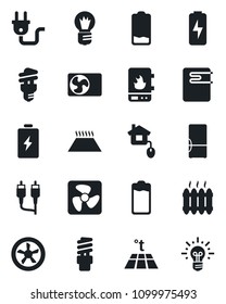 Set of vector isolated black icon - bulb vector, battery, low, rca, charge, heater, air conditioner, fridge, home control, power plug, fan, water, warm floor, energy saving, idea