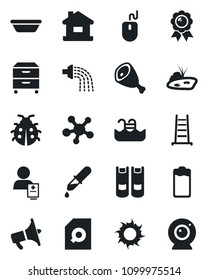 Set of vector isolated black icon - book vector, medal, mouse, ladder, watering, lady bug, sun, dropper, patient, loudspeaker, share, battery, document search, archive box, house, pond, pool, ham