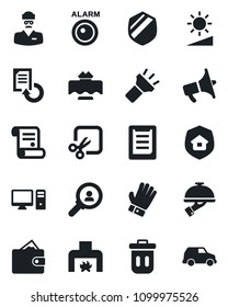 Set of vector isolated black icon - document reload vector, contract, glove, doctor, clipboard, shield, loudspeaker, torch, brightness, cut, fireplace, estate insurance, restaurant table, waiter, pc