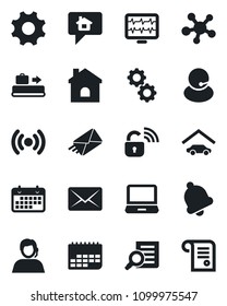 Set of vector isolated black icon - baggage conveyor vector, document search, house, monitor pulse, support, term, laptop pc, share, settings, bell, garage, wireless lock, gear, home message, mail