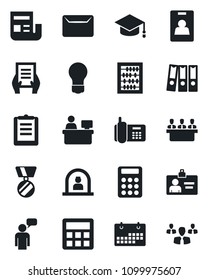 Set of vector isolated black icon - reception vector, speaking man, identity card, medal, graduate, abacus, document, manager place, bulb, office phone, clipboard, calculator, calendar, news, mail