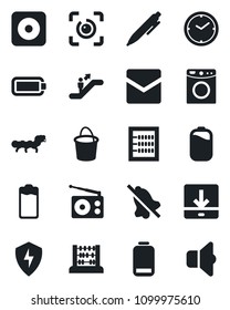 Set of vector isolated black icon - escalator vector, abacus, pen, bucket, caterpillar, radio, battery, low, rec button, protect, mail, download, mute, eye id, clock, washer, sound