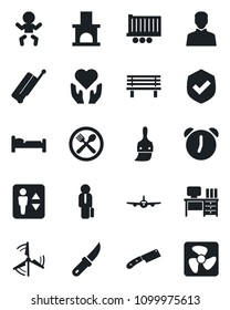 Set of vector isolated black icon - suitcase vector, elevator, baby, bed, plane, desk, garden knife, bench, fireplace, heart hand, truck trailer, shield, themes, user, alarm, manager, windmill, cafe