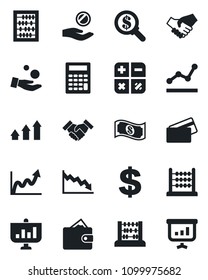 Set of vector isolated black icon - dollar sign vector, calculator, abacus, point graph, handshake, credit card, arrow up, wallet, growth, crisis, money search, investment, cash, presentation