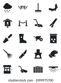 Set of vector isolated black icon - fence vector, trowel, rake, wheelbarrow, glove, boot, saw, lawn mower, rain, well, garden knife, fireplace, seeds, caterpillar, picnic table, bird house