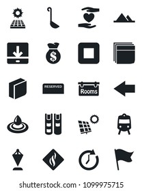 Set of vector isolated black icon - train vector, left arrow, pennant, heart hand, stop button, download, blank box, book, sun panel, mountains, rooms, reserved, ladle, water, smoke detector, clock