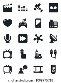 Set of vector isolated black icon - satellite antenna vector, clapboard, film frame, tv, gamepad, equalizer, microphone, cell phone, touch screen, speaker, radio, share, heart, fast forward, rca
