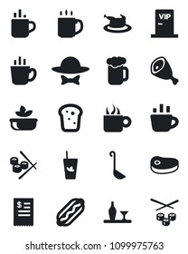 Set of vector isolated black icon - hot cup vector, coffee, alcohol, phyto bar, beer, salad, bread, vip zone, dress code, restaurant receipt, chicken, steak, ham, dog, ladle, sushi