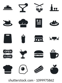 Set of vector isolated black icon - alcohol vector, serviette, cook hat, reception, cocktail, coffee, bacon, cafe building, candle, table, open close, restaurant receipt, chicken, hamburger, sushi
