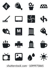 Set of vector isolated black icon - taxi vector, coffee, flower in pot, rake, heart diagnostic, route, tv, gallery, application, city house, restaurant table, menu, ham, water, smoke detector