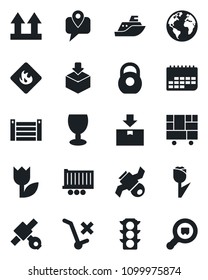 Set of vector isolated black icon - earth vector, satellite, traffic light, mobile tracking, sea shipping, truck trailer, term, container, consolidated cargo, fragile, up side sign, no trolley