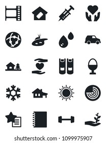 Set of vector isolated black icon - sun vector, radar, book, syringe, barbell, heart hand, film frame, favorites list, network, copybook, house with garage, tree, pond, smart home, egg stand, water