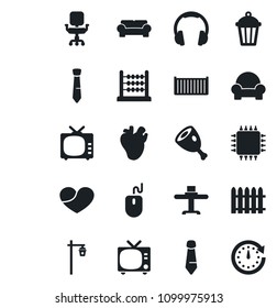 Set of vector isolated black icon - tv vector, mouse, tie, fence, garden light, real heart, cargo container, headphones, abacus, office chair, cushioned furniture, restaurant table, ham, chip, clock