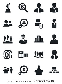 Set of vector isolated black icon - passport control vector, reception, pedestal, team, hospital, doctor, patient, client, group, user, search, estate agent, waiter, fingerprint, consumer, money