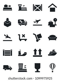 Set of vector isolated black icon - departure vector, arrival, baggage conveyor, waiting area, luggage scales, airport building, sea shipping, car delivery, container, fragile, cargo, up side sign