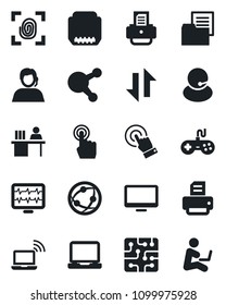 Set of vector isolated black icon - wireless notebook vector, printer, monitor pulse, support, folder document, gamepad, network, touch screen, laptop pc, share, hdmi, data exchange, manager desk