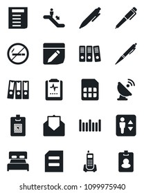 Set of vector isolated black icon - elevator vector, escalator, no smoking, pen, document, pulse clipboard, office phone, barcode, satellite antenna, mail, sim, notes, identity card, paper binder