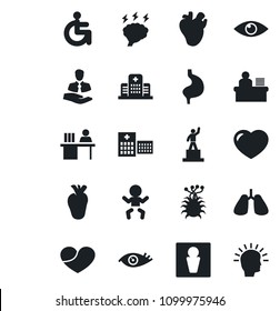 Set of vector isolated black icon - male vector, baby, pedestal, brainstorm, disabled, stomach, lungs, real heart, eye, hospital, virus, client, manager desk, shining head