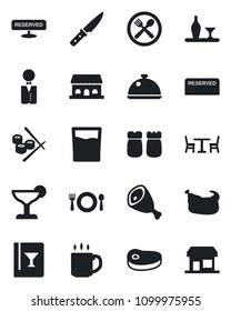 Set of vector isolated black icon - cafe vector, coffee, waiter, dish, alcohol, wine card, reserved, drink, cocktail, salt and pepper, building, chicken, steak, ham, knife, sushi, storefront