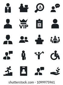 Set of vector isolated black icon - dispatcher vector, vip, disabled, reception, speaking man, manager place, speaker, group, user, identity card, meeting, career ladder, client search, estate agent