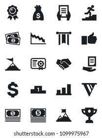 Set of vector isolated black icon - dollar sign vector, medal, money bag, document, cash, finger up, bar graph, career ladder, motivation, handshake, pennon, crisis, certificate, pedestal, award cup