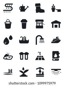 Set of vector isolated black icon - watering can vector, bucket, boot, well, drip irrigation, sea shipping, port, warehouse, pond, pool, bathroom, water heater, filter, warm floor, sprinkler