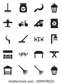 Set of vector isolated black icon - cafe vector, ladder car, rake, sickle, garden light, picnic table, fertilizer, bike, restaurant, alcove, outdoor lamp