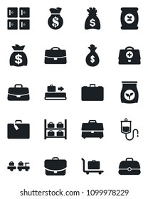 Set of vector isolated black icon - suitcase vector, baggage conveyor, trolley, larry, luggage storage, checkroom, case, money bag, fertilizer, doctor, dropper