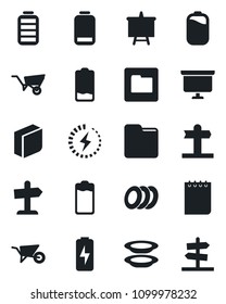 Set of vector isolated black icon - notepad vector, presentation board, wheelbarrow, signpost, battery, low, folder, charge, blank box, plates, guidepost