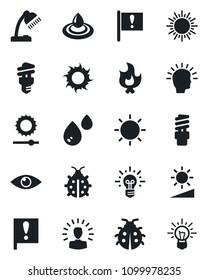 Set of vector isolated black icon - sun vector, lady bug, fire, eye, important flag, brightness, desk lamp, water, energy saving bulb, shining head, idea